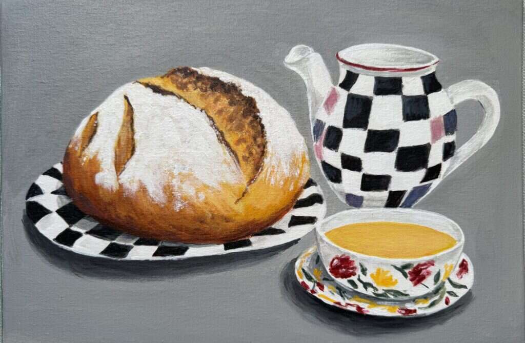 Still Life avec pain, thé et pot en céramique